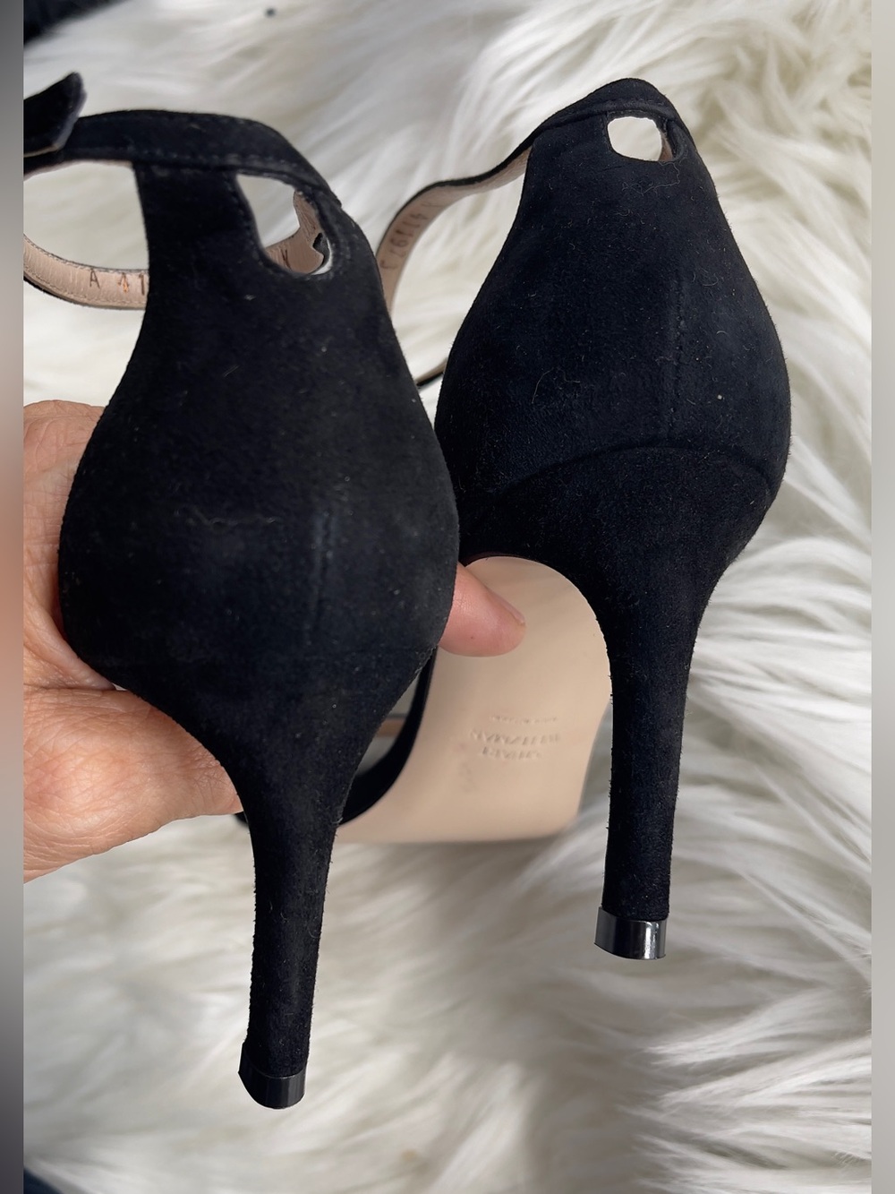 Stuart Weitzman Black Suede Ankle-Strap Open-Toe Heels - Picture 6 of 10